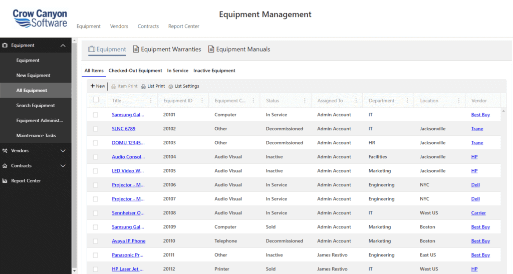 Equipment List Equipment Tracking Screen Shot