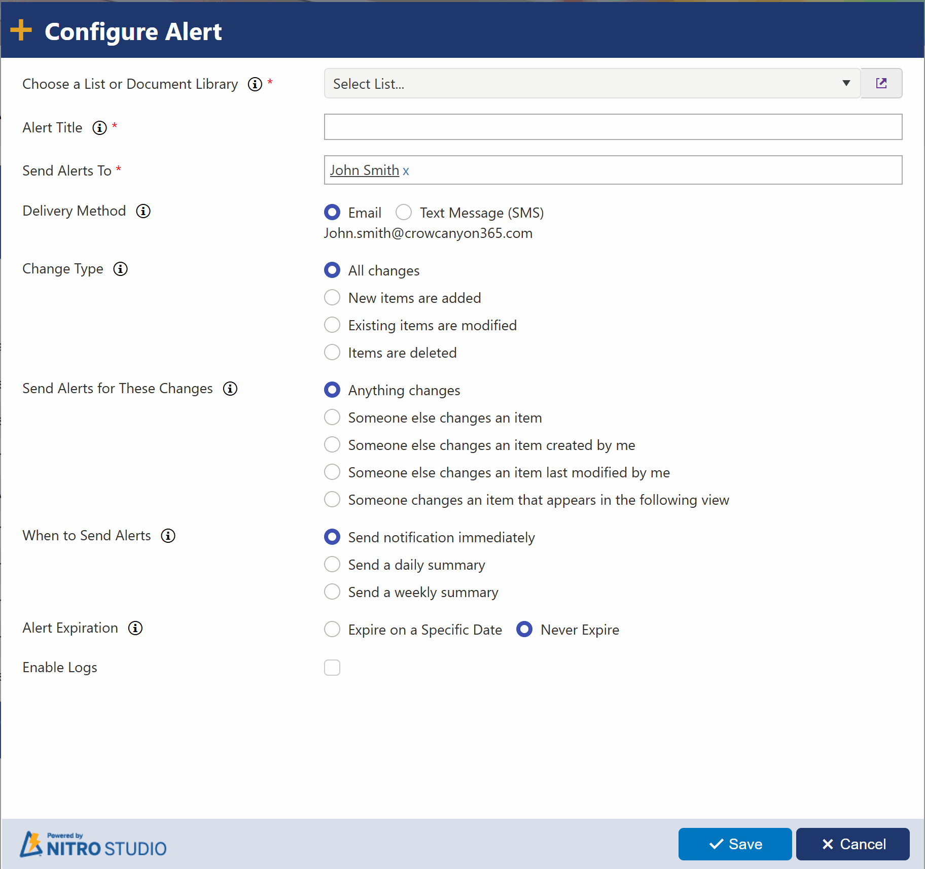 NITRO Alert Settings that never expire SharePoint Alerts Replacement: NITRO Alerts